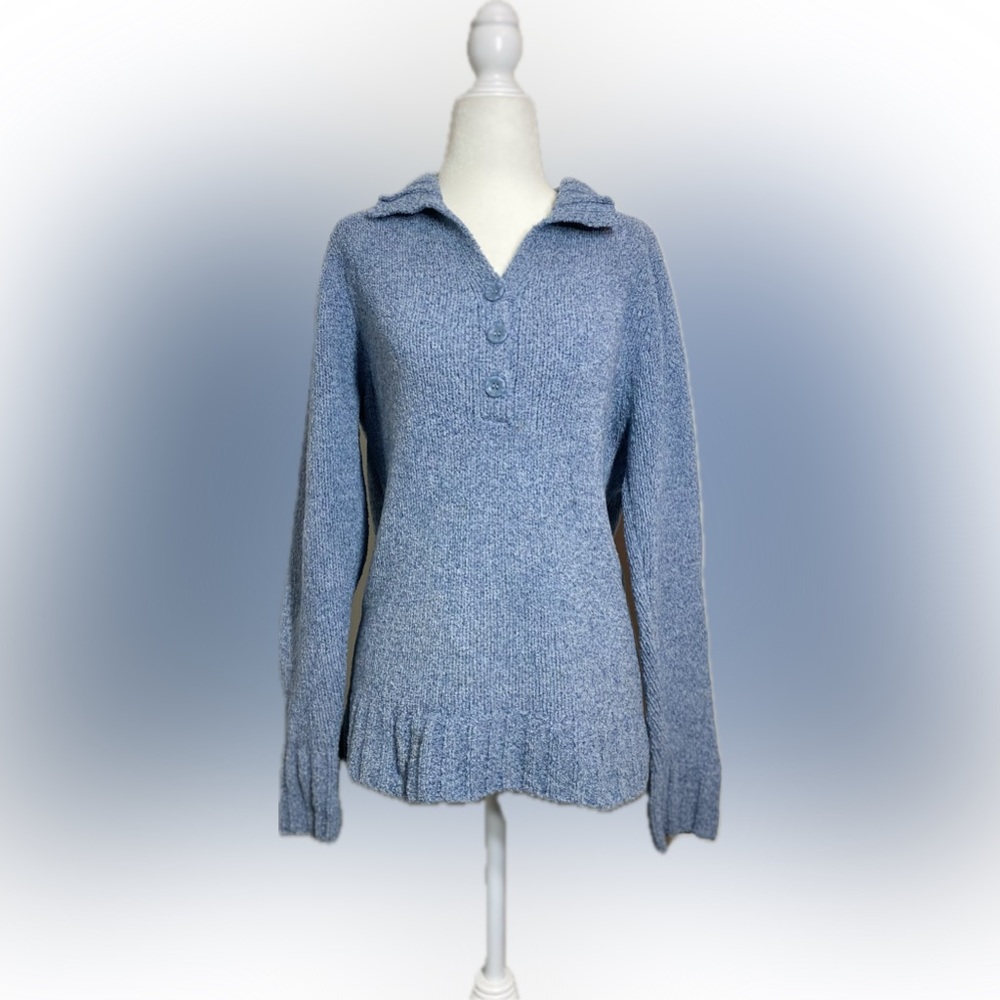 Large Sonoma Life + Style Blue Long Sleeve Collared Button Sweater Plush